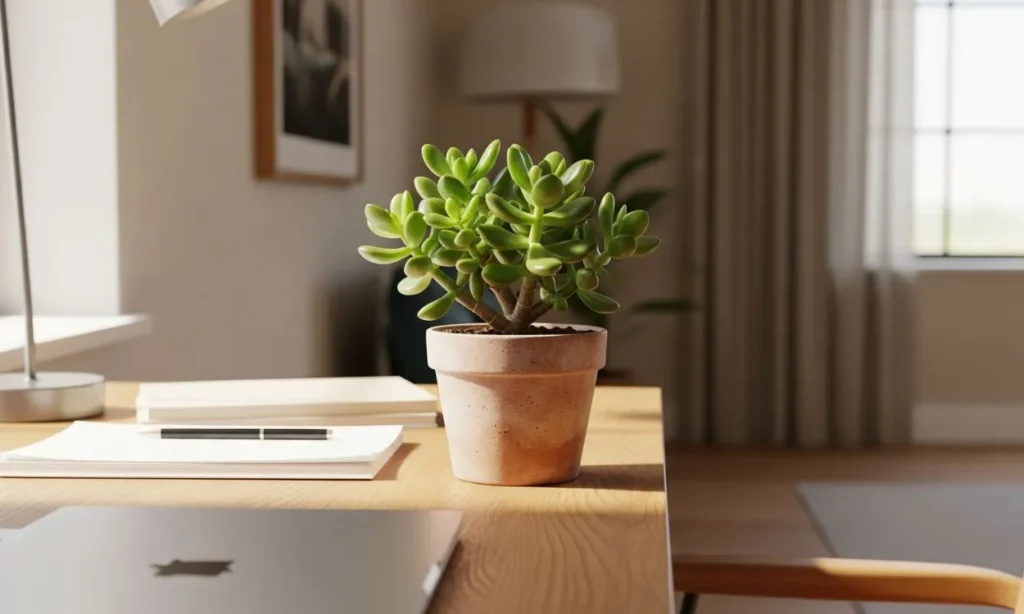 Descubra a Suculenta que Ajuda na Energia da Casa e seus Benefícios Mini suculenta que ajuda na energia da casa em um vaso de terracota sobre uma mesa de estudo com um laptop e materiais de escrita