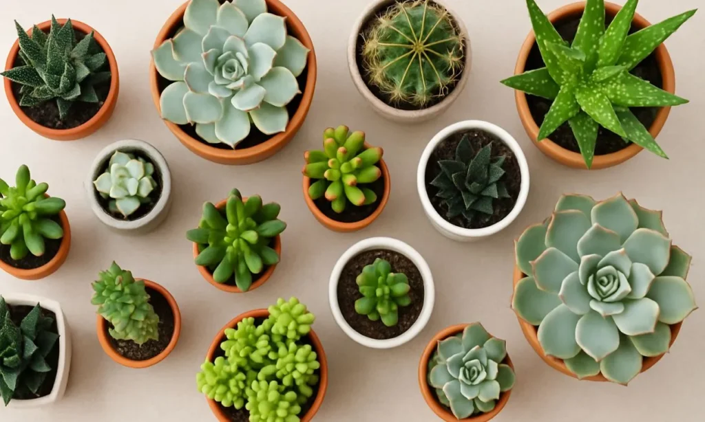 Vista aérea de uma variedade de suculentas em diferentes vasos, fornecendo um bom ponto de partida para identificação suculentas diversas.