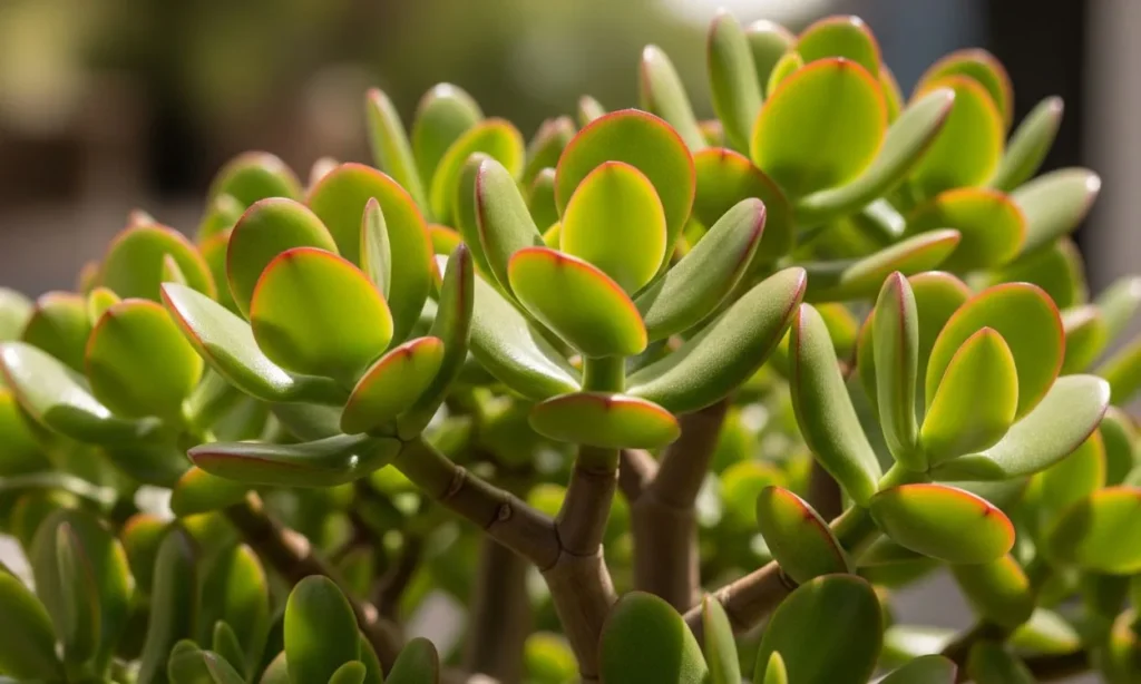 Identificação de Suculentas: Conheça 15 Espécies Populares Que Você Precisa Ter! Crassula ovata em close-up, destacando suas folhas verdes e arredondadas com bordas avermelhadas para identificação suculentas.
