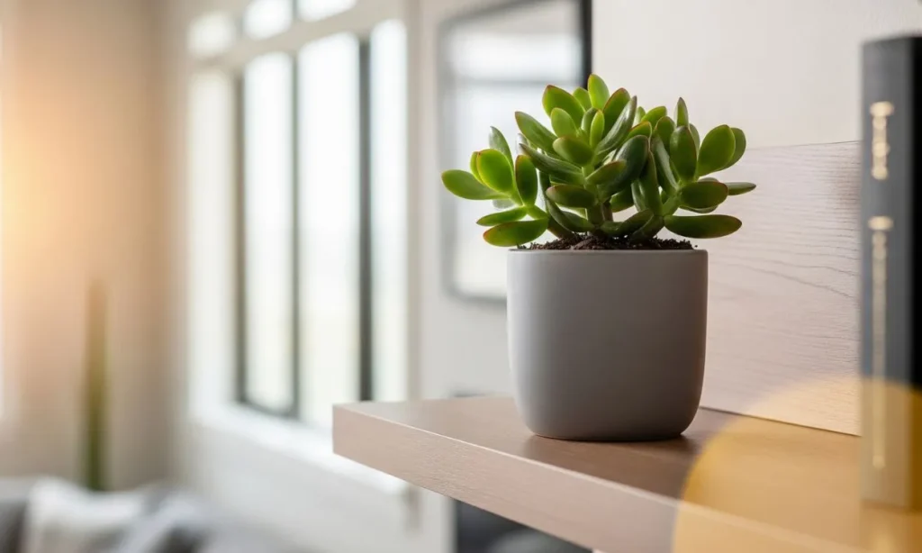 Descubra a Suculenta que Ajuda na Energia da Casa e seus Benefícios Suculenta que ajuda na energia da casa em um vaso cinza sobre uma prateleira de madeira em uma sala moderna