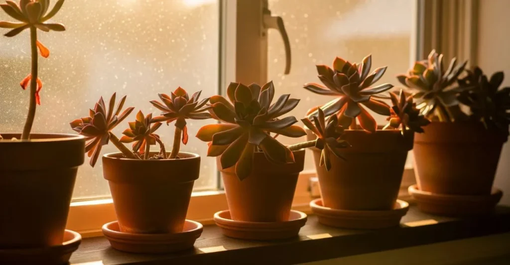 Suculentas queimadas pelo sol: o que fazer e como salvar suas plantas Uma fileira de vasos de barro contendo diversas suculentas que apresentam sinais de queimadura solar, dispostas em uma janela com luz solar intensa entrando.