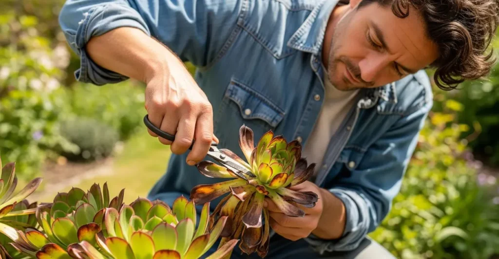 Suculentas queimadas pelo sol: o que fazer e como salvar suas plantas Um homem poda cuidadosamente as folhas danificadas pelo sol de uma suculenta grande, com outras suculentas queimadas visíveis ao redor.