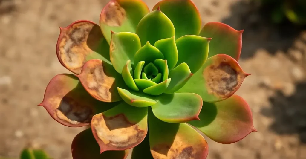 Várias suculentas com tons avermelhados e sinais de queimadura solar visíveis em suas folhas, com foco em uma planta central.