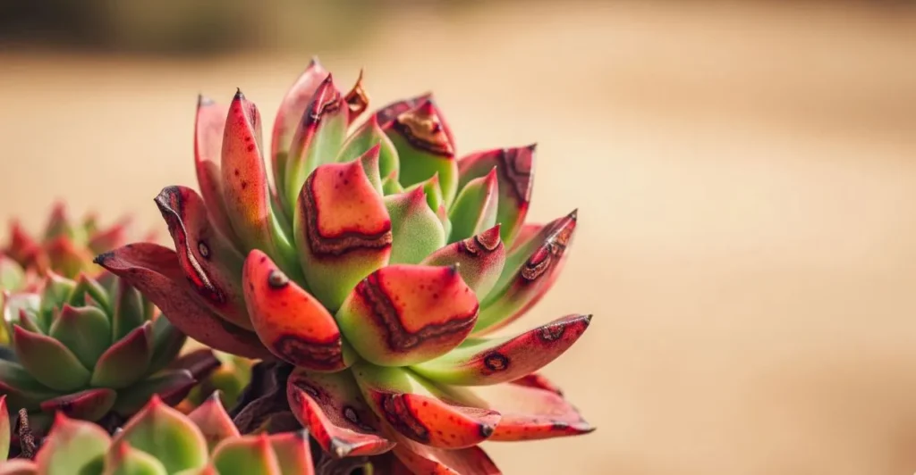 Suculentas queimadas pelo sol: o que fazer e como salvar suas plantas Várias suculentas com tons avermelhados e sinais de queimadura solar visíveis em suas folhas, com foco em uma planta central.