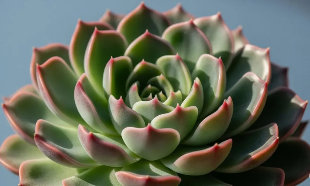 Identificação de Suculentas: Conheça 15 Espécies Populares Que Você Precisa Ter! Uma visão de close-up detalhada de uma suculenta Echeveria, mostrando suas folhas verdes carnudas dispostas em roseta, com bordas rosadas acentuadas pela luz solar.