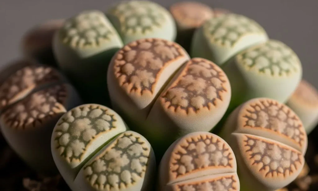Identificação de Suculentas: Conheça 15 Espécies Populares Que Você Precisa Ter! Imagem detalhada de um grupo de Lithops com seus padrões únicos, crucial para a identificação suculentas de espécies raras.