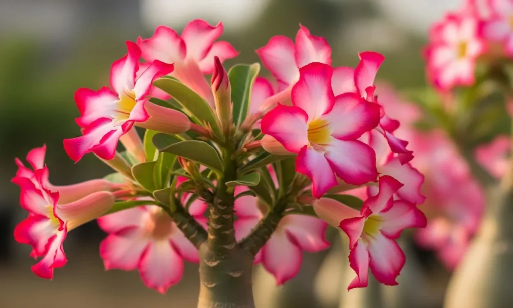 Identificação de Suculentas: Conheça 15 Espécies Populares Que Você Precisa Ter! A bela flor rosa e branca de uma Rosa do Deserto, um tipo de suculenta floral, para identificação suculentas com flores.