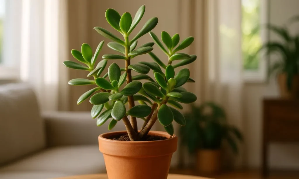 Close-up de uma suculenta que ajuda na energia da casa (Crassula Ovata) em um vaso de cerâmica, com uma sala de estar ao fundo