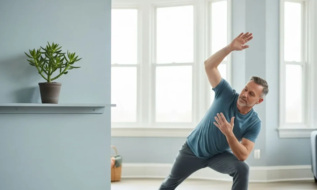 Descubra a Suculenta que Ajuda na Energia da Casa e seus Benefícios Homem praticando yoga em uma sala clara com uma suculenta que ajuda na energia da casa em uma prateleira ao lado